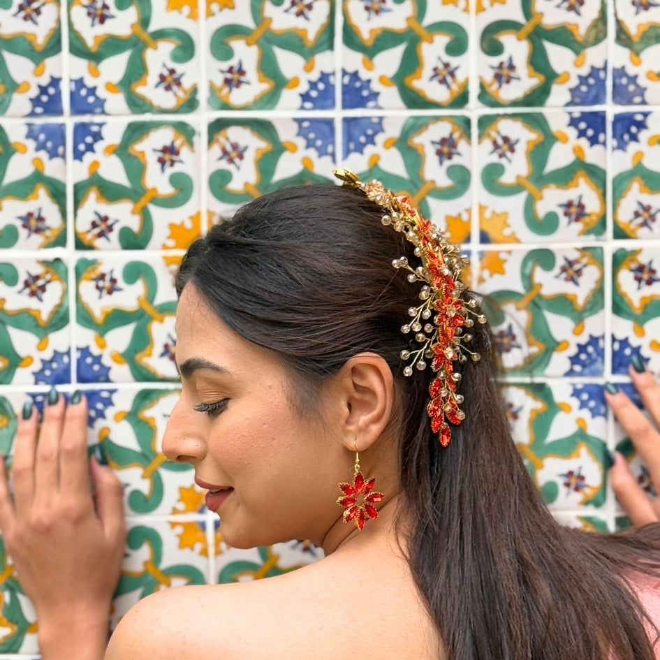 Broche à cheveux avec fleurs en cristaux Rouge