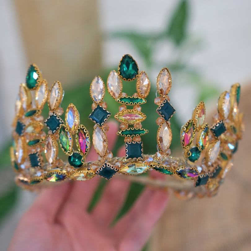 Couronne victorienne, diadème en or vert émeraude, couronne de royauté, couronne de cosplay anna, couronne d'émeraude de concours de mariée, couronne de diadème vert