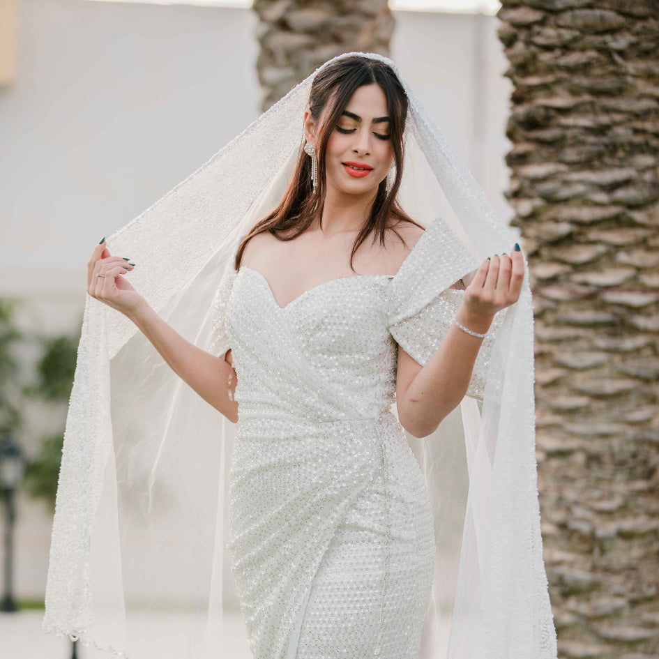 Voile de Mariage en Tulle avec Perles et Broderie Élégante