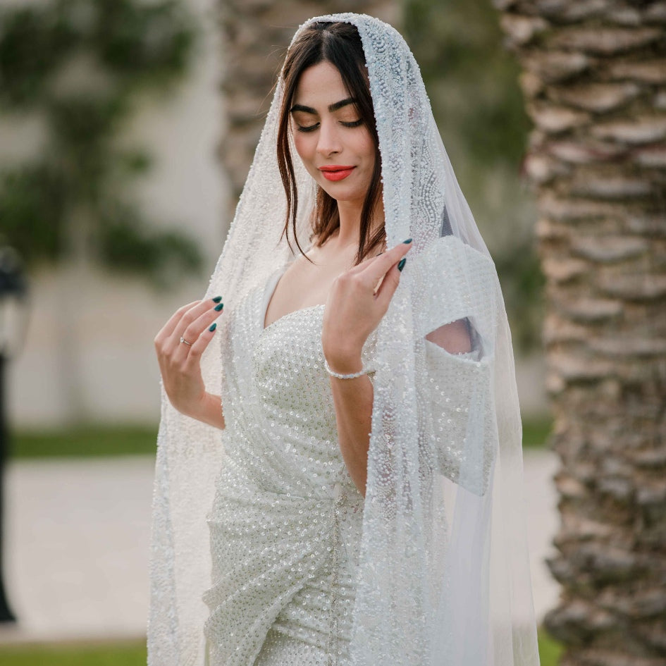 Voile de Mariage en Tulle avec Perles et Broderie Élégante