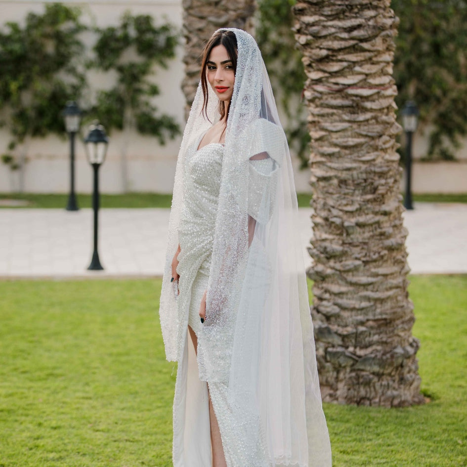 Voile de Mariage en Tulle avec Perles et Broderie Élégante