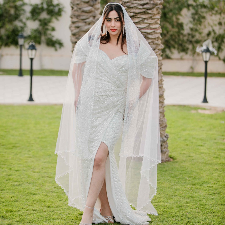 Voile de Mariage en Tulle avec Perles et Broderie Élégante